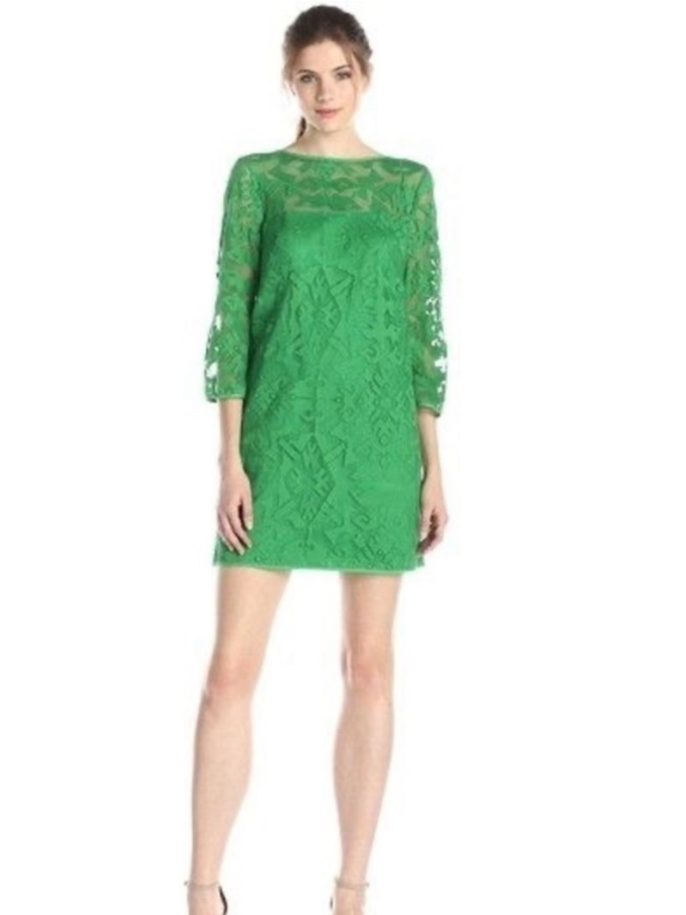 4 Collective Aztec Lace Shift Dress Emerald Green Mini Semi-Sheer Holiday Sz 6